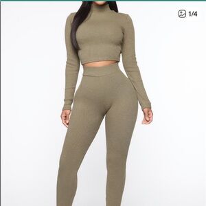 Fashion Nova Olive Ribbed Two-Piece Set